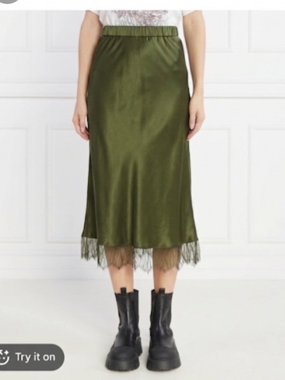 The Kooples Olive Green Maxi Skirt with Lace Fringe